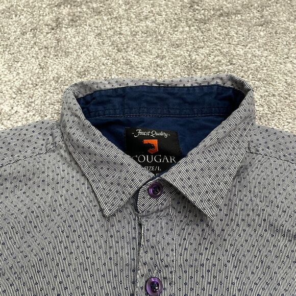 Cougar Slim Fit Button Down Shirt Mens Large Blue Pinstripe Diamond Print Cotton - Picture 3 of 11